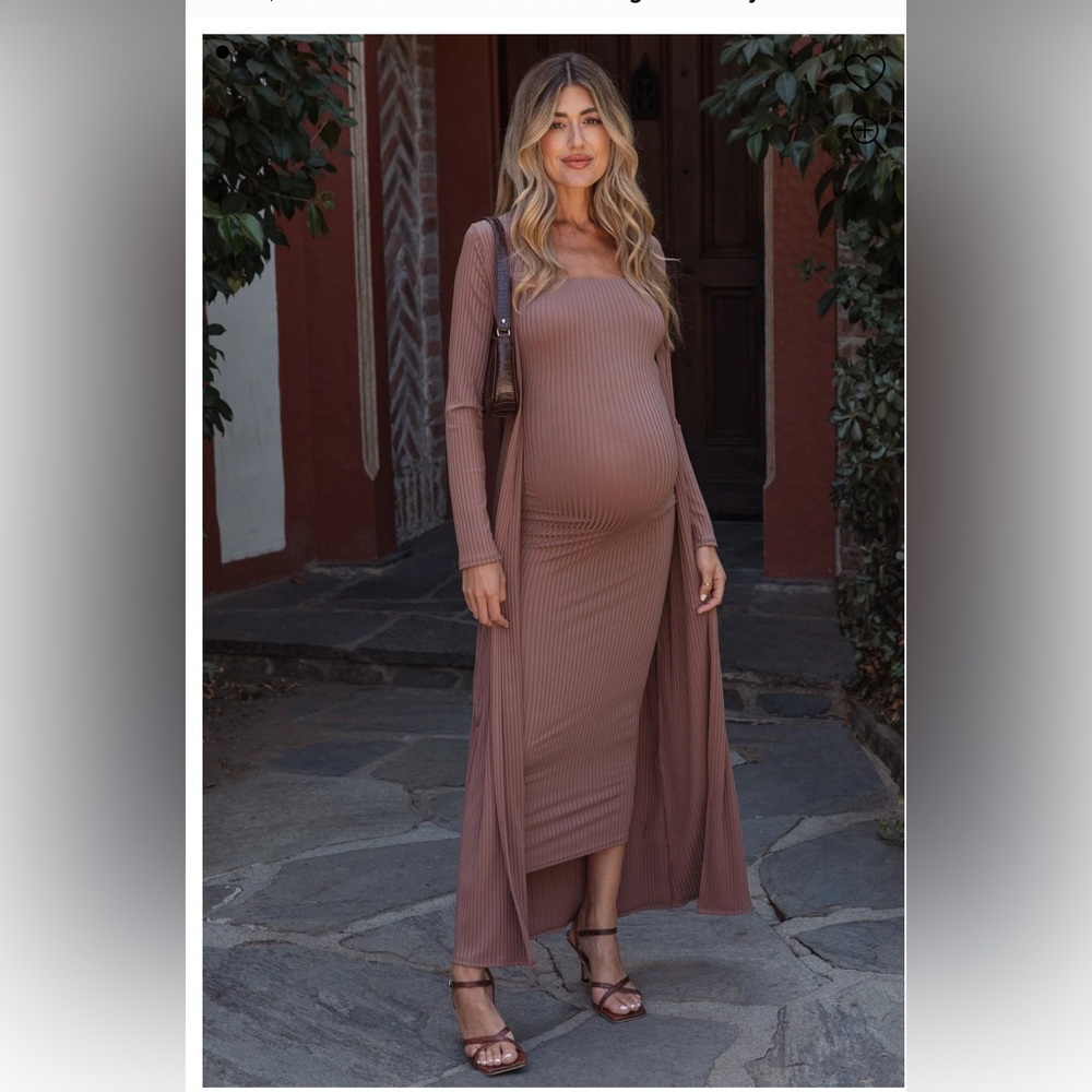 Mocha Ribbed Sleeveless Dress Cardigan Maternity Set